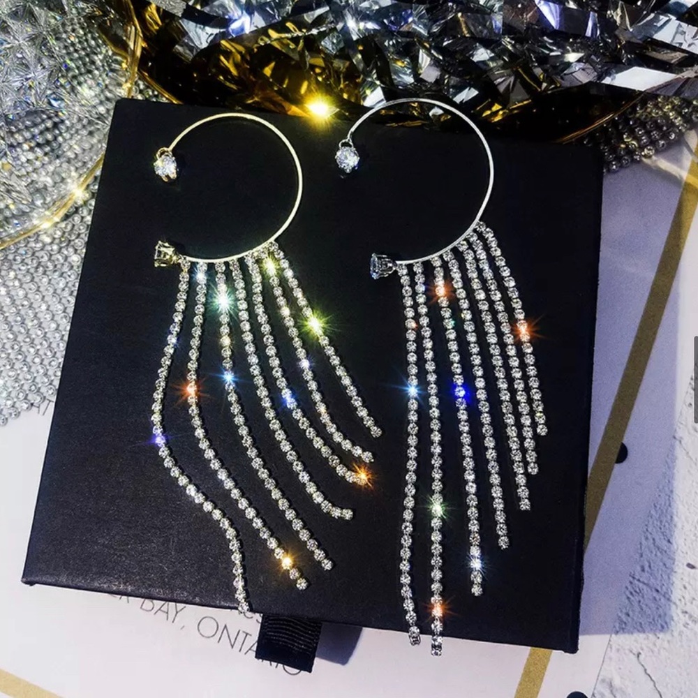Pair of Rhinestone Tassels Cuff Earrings